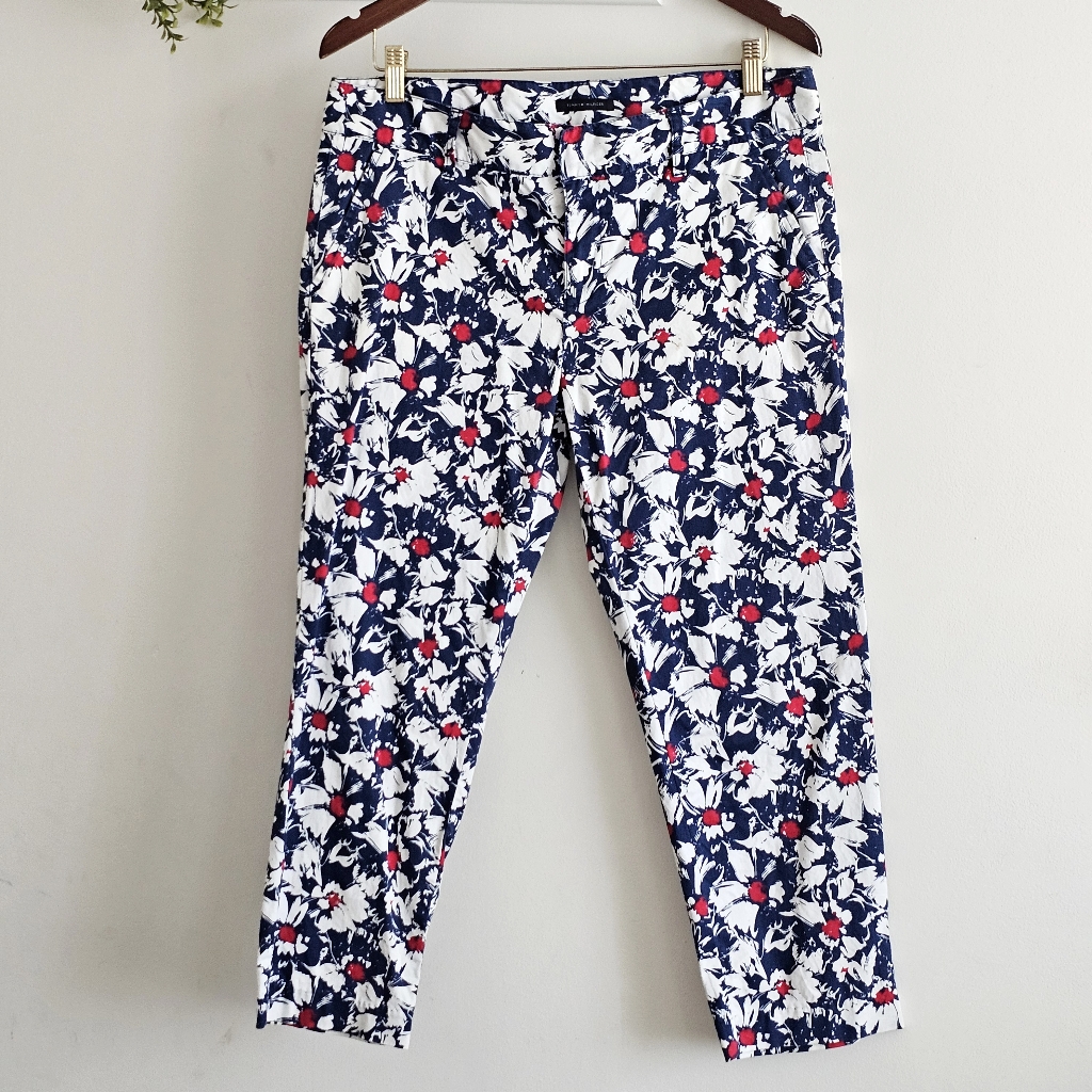 Tommy Hilfiger Floral Ankle Pants Navy White Red Cotton Stretch Size 10